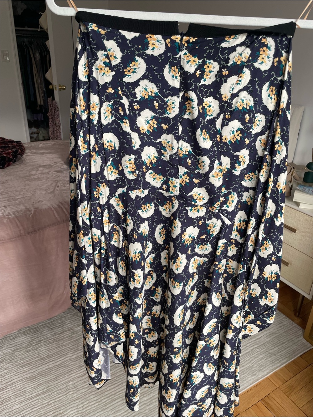 Chloe Navy High-Low Floral Skirt with White and Yellow Accents